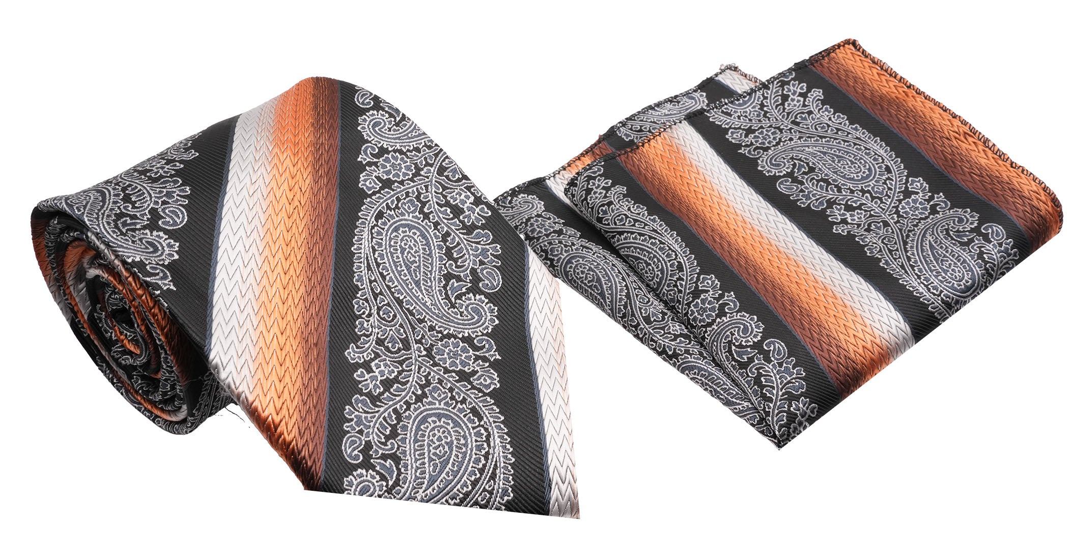 Conjunto clásico de corbata y pañuelo de bolsillo para hombre con degradado de cobre negro y estampado de cachemira a rayas diagonales