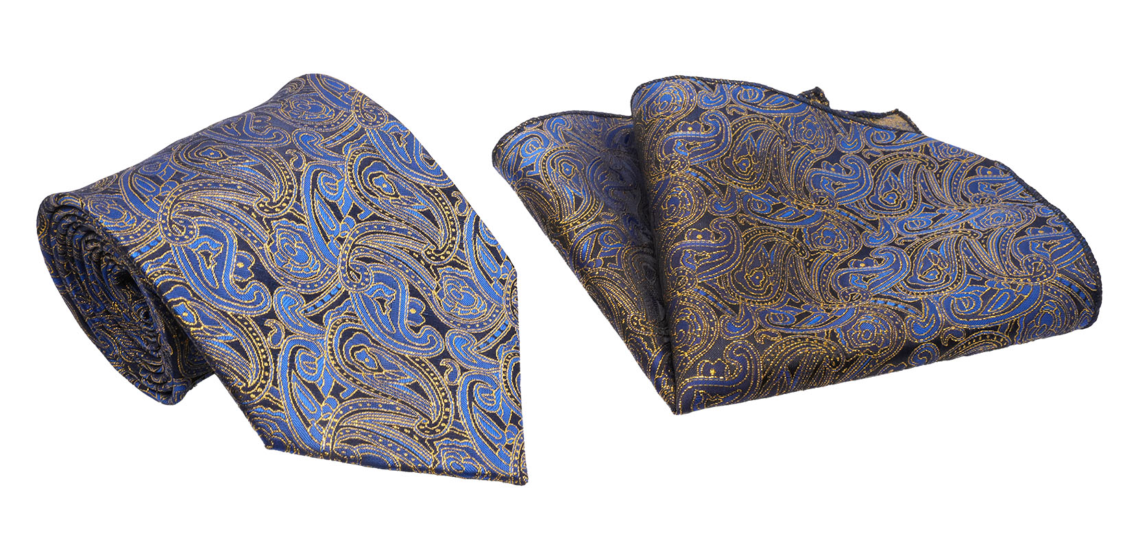 Blue and gold paisley tie and pocket square set on a white background