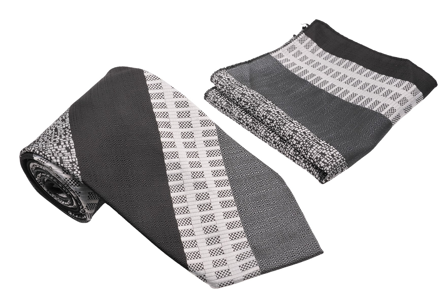 Conjunto clásico de corbata y pañuelo de bolsillo para hombre con diseño de arte punteado en blanco y negro