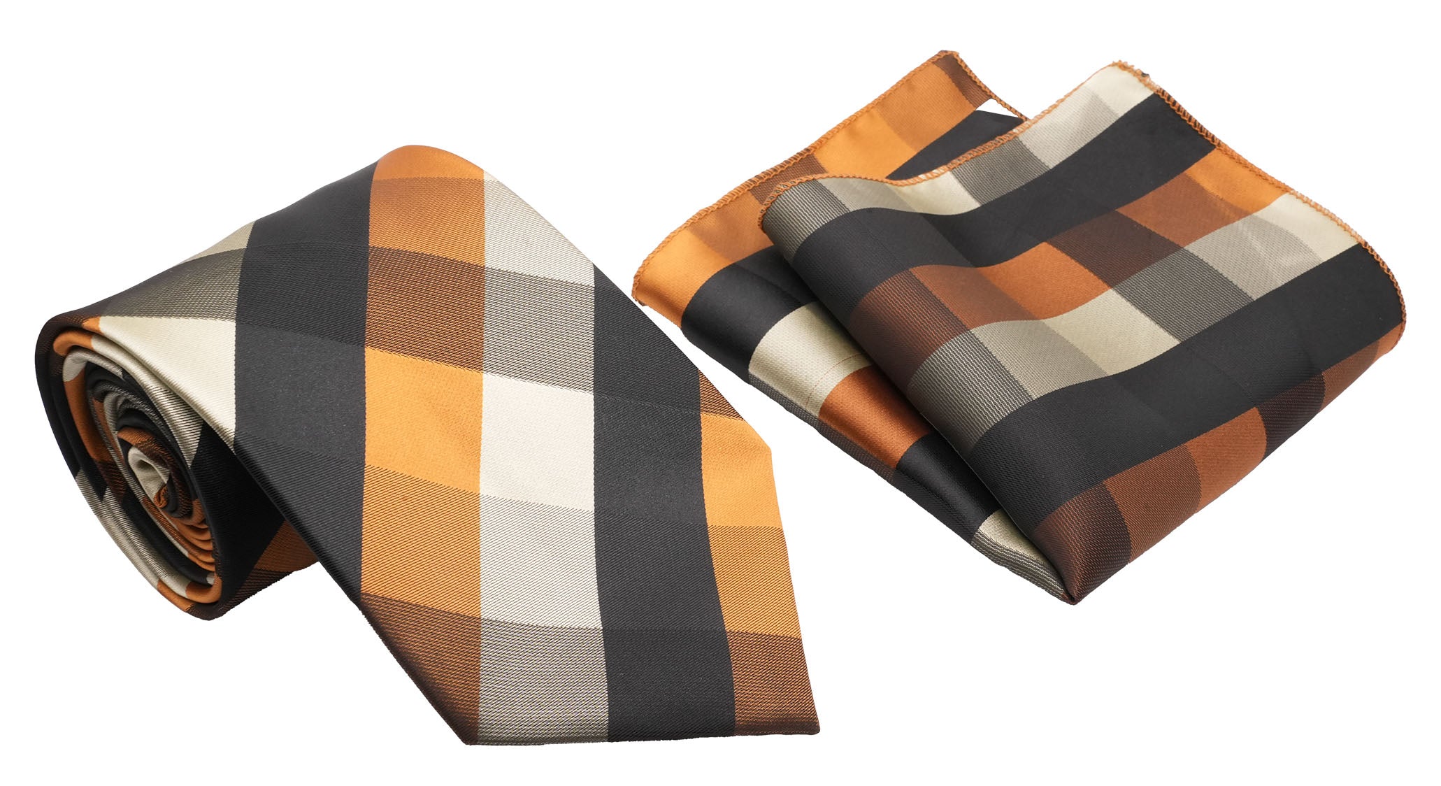 Black White Copper Buffalo Check Pattern Men's Classic Tie and Pocket Square Set