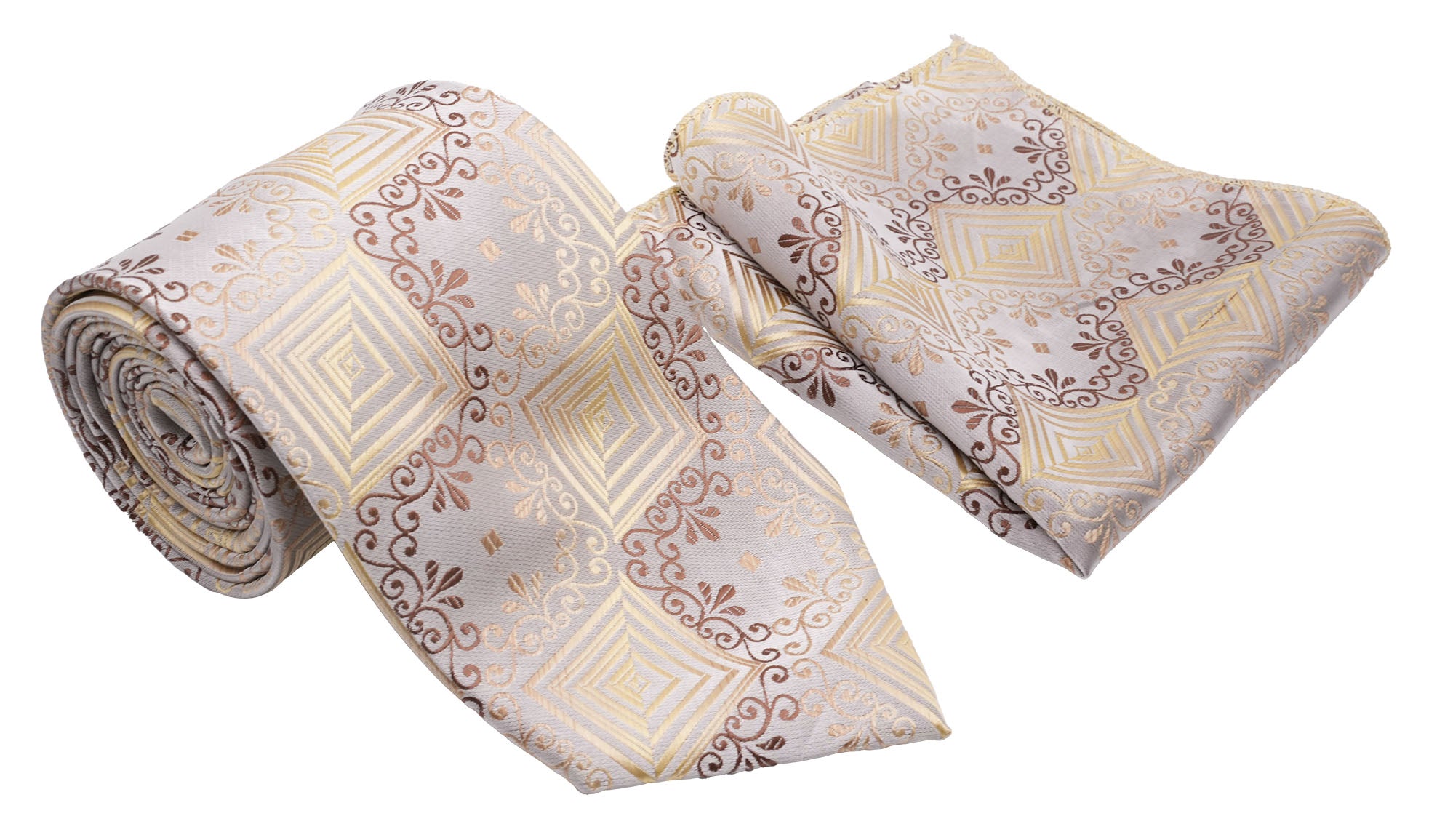 Conjunto clásico de corbata y pañuelo de bolsillo para hombre con patrón de volutas y cuadrados geométricos beige