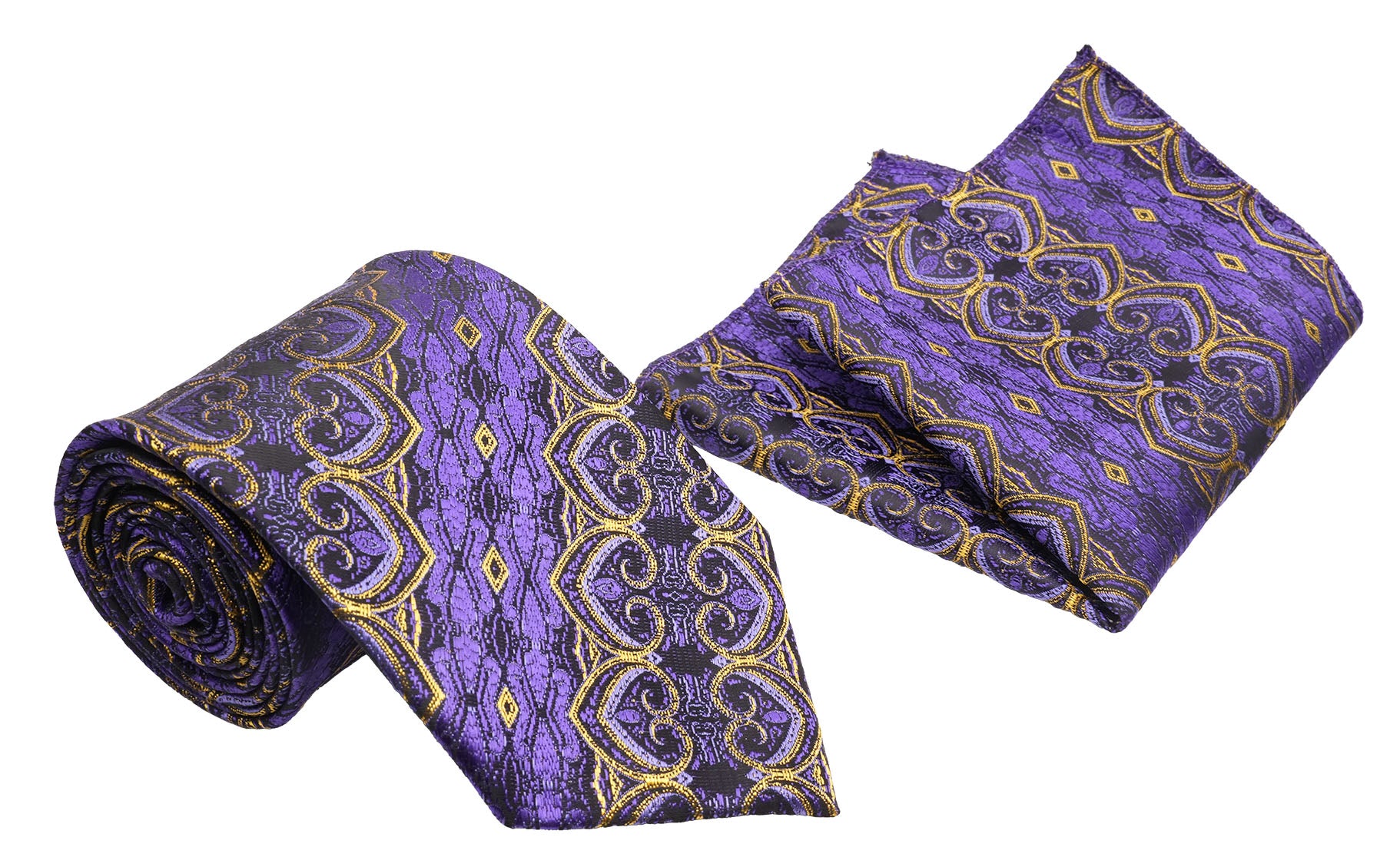 Conjunto clásico de corbata y pañuelo de bolsillo para hombre con estampado de corazón morado