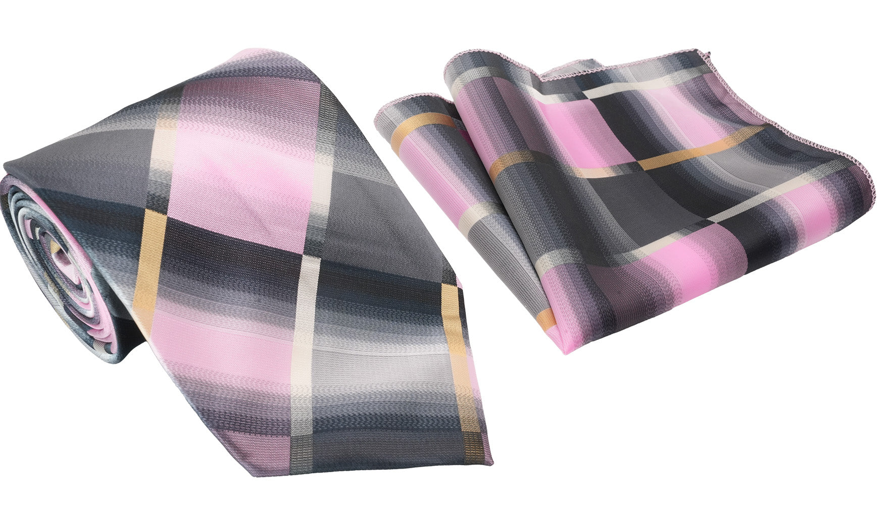 Conjunto clásico de corbata y pañuelo de bolsillo para hombre con patrón de ventana gris y rosa