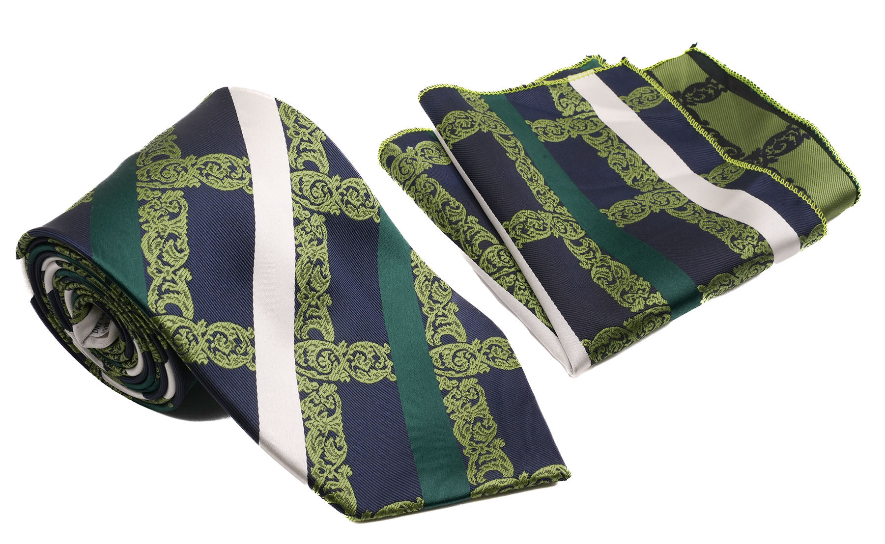 Conjunto clásico de corbata y pañuelo de bolsillo para hombre con estampado de palmeta de rayas diagonales en verde azul marino