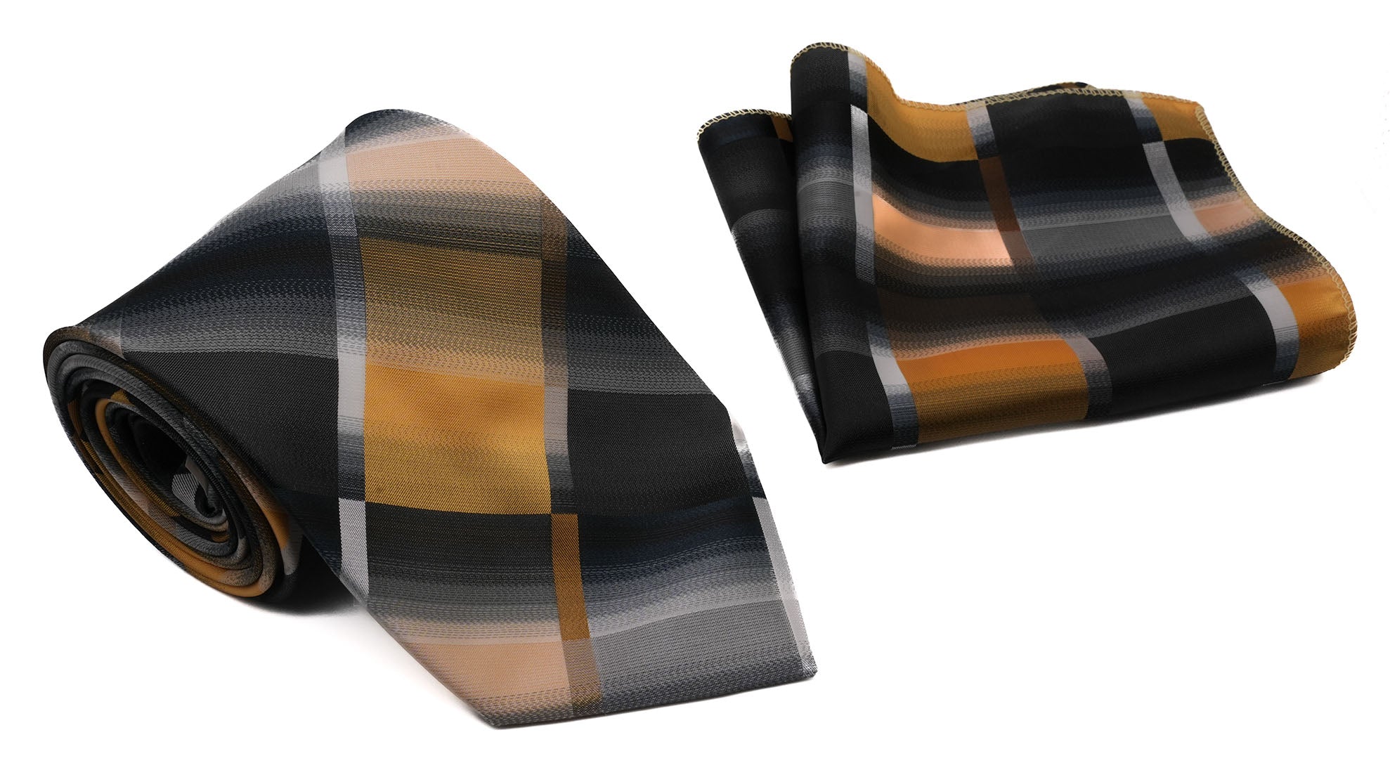 Conjunto clásico de corbata y pañuelo de bolsillo para hombre con degradado de cobre negro y patrón de rayas diagonales