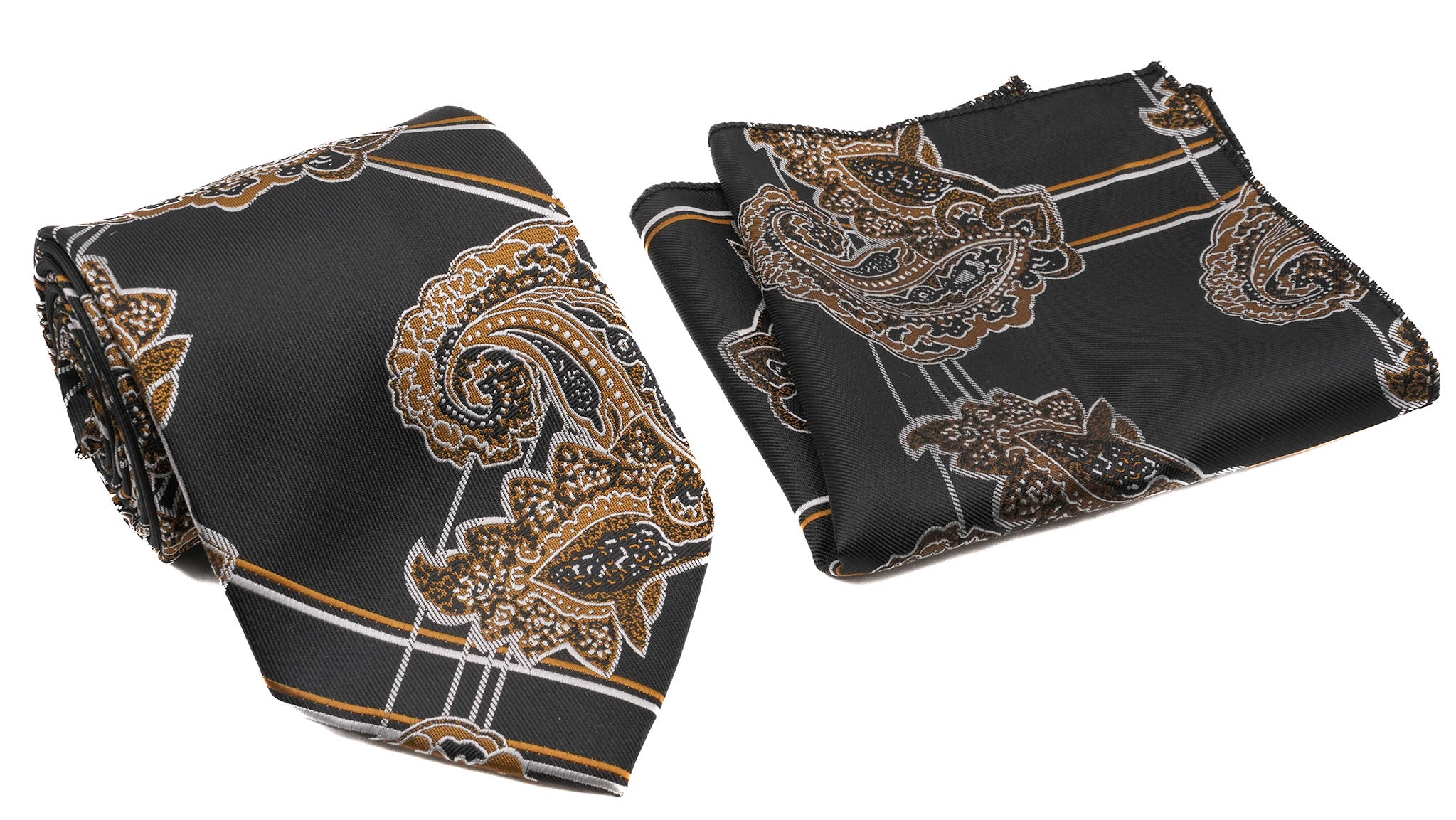 Conjunto clásico de corbata y pañuelo de bolsillo para hombre con estampado de cachemira marrón tostado negro