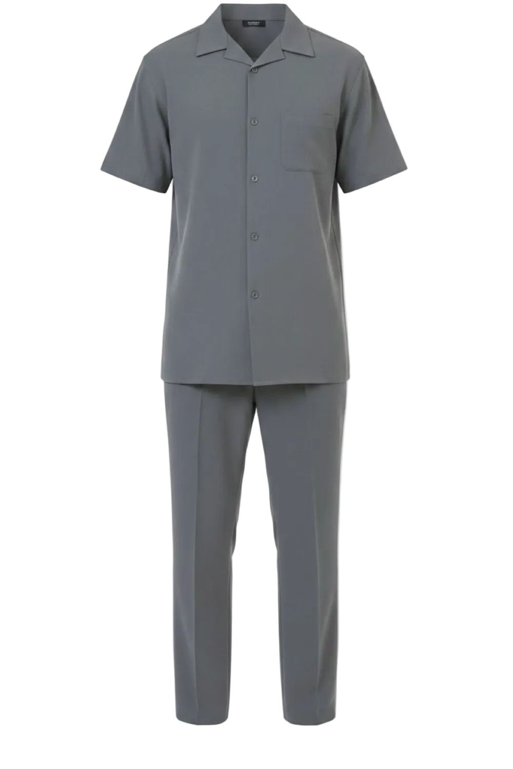 Gray short-sleeve shirt and pants set on a white background