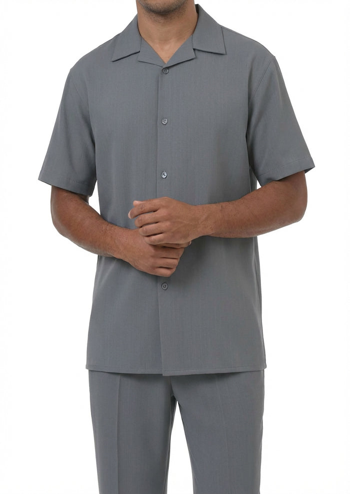 Solid gray short sleeve top from the Short Sleeve Summer Walking Suit Set, showing its collar and buttons.
