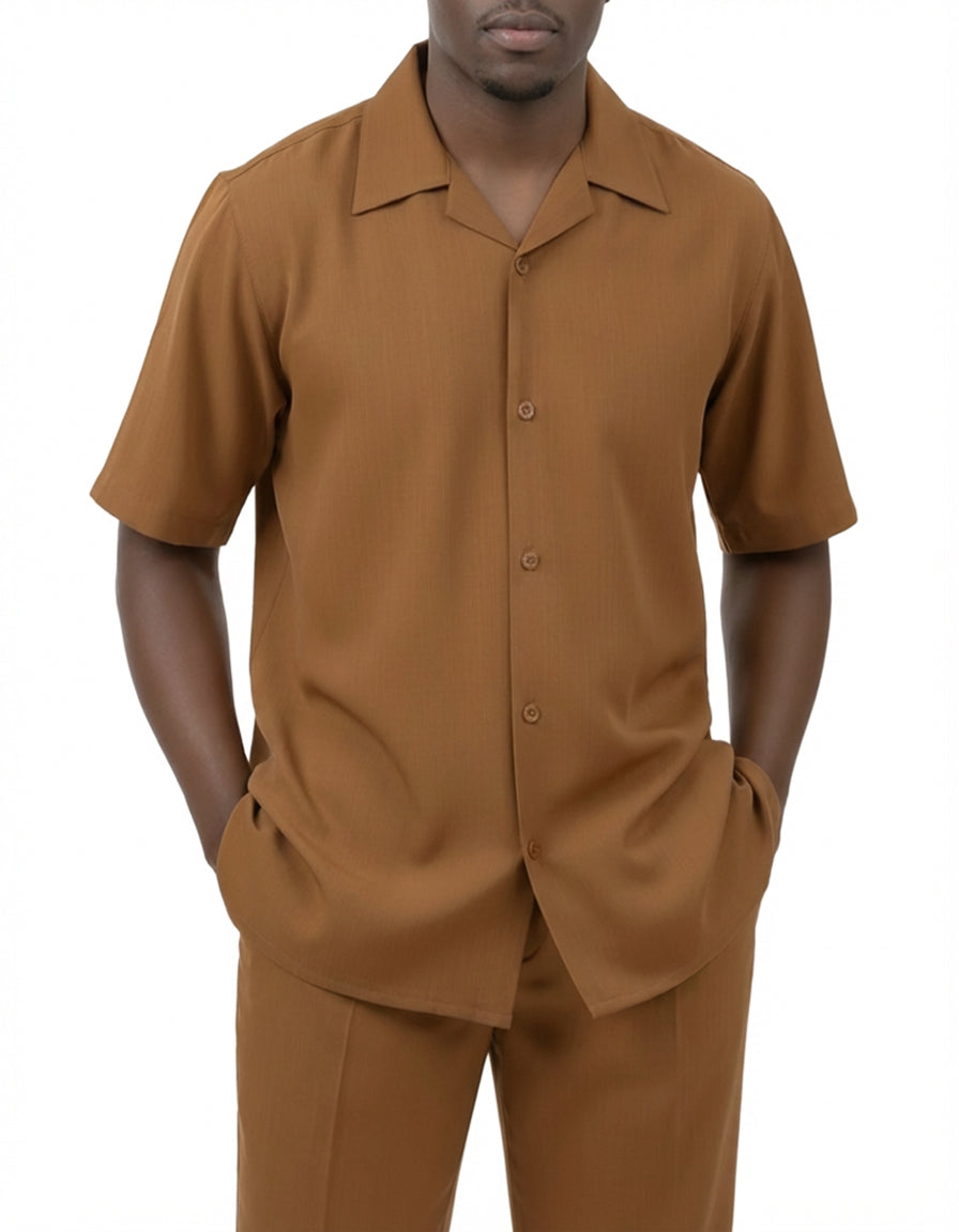 Solid taupe short sleeve from walking suit set, showing button, collar, and pocket.