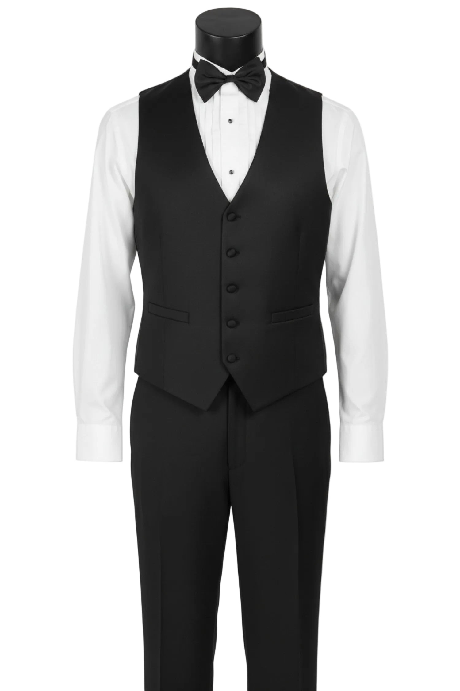 Black tuxedo with a white shirt and bow tie on a mannequin against a white background