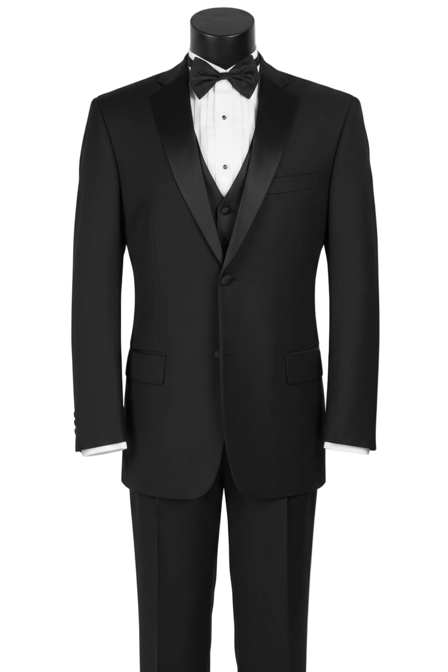 Santorini Collection - Regular Fit Black Tuxedo 4 Piece with Vest Bow Tie Adjustable Waistband