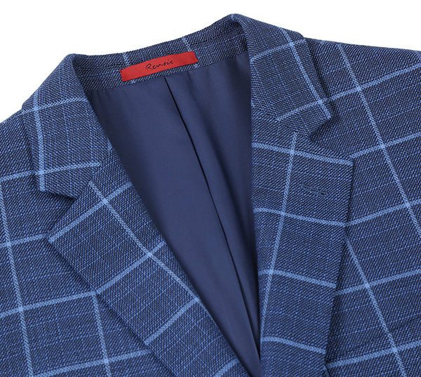 Close-up of Renoir Classic Regular Fit blue windowpane blazer fabric, highlighting rich texture.