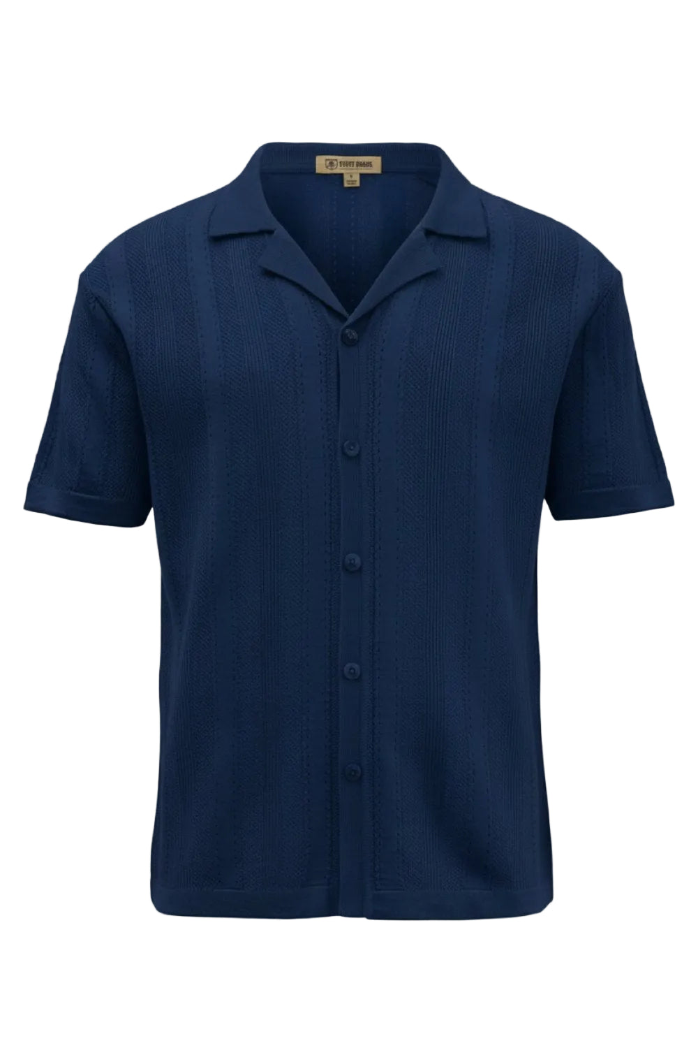 Navy blue short-sleeve shirt with open collar on a white background