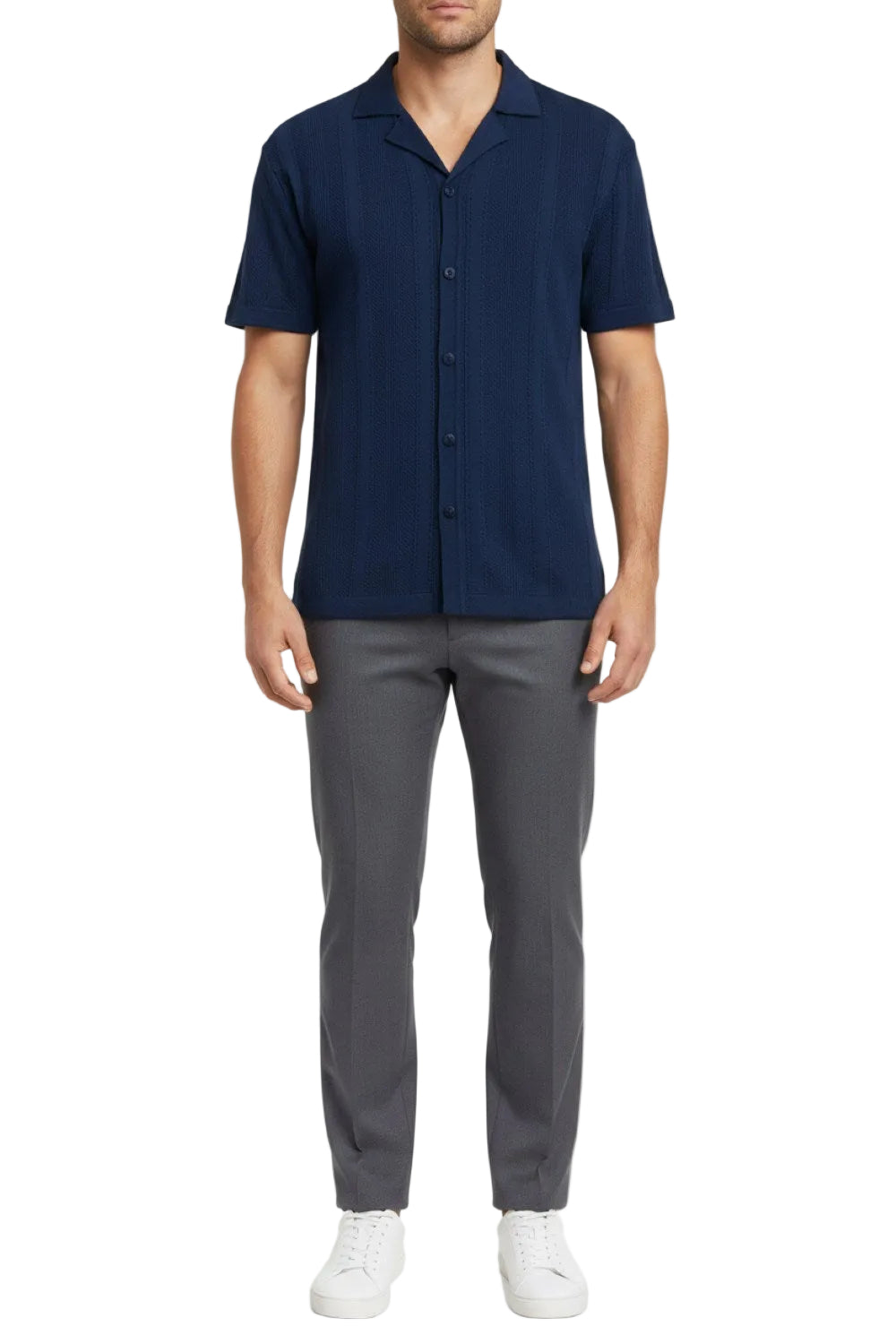 Stacy Adams - Men's Navy Vertical Embroidered Pattern Shirt