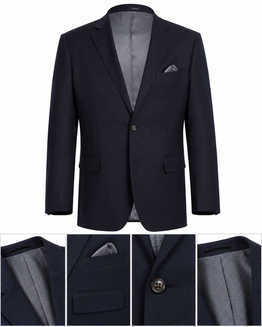 A dark navy blue men's suit jacket with a single button closure, notched lapels, flap pockets, and a matching pocket square, shown on a white background with three detail inset images along the bottom.