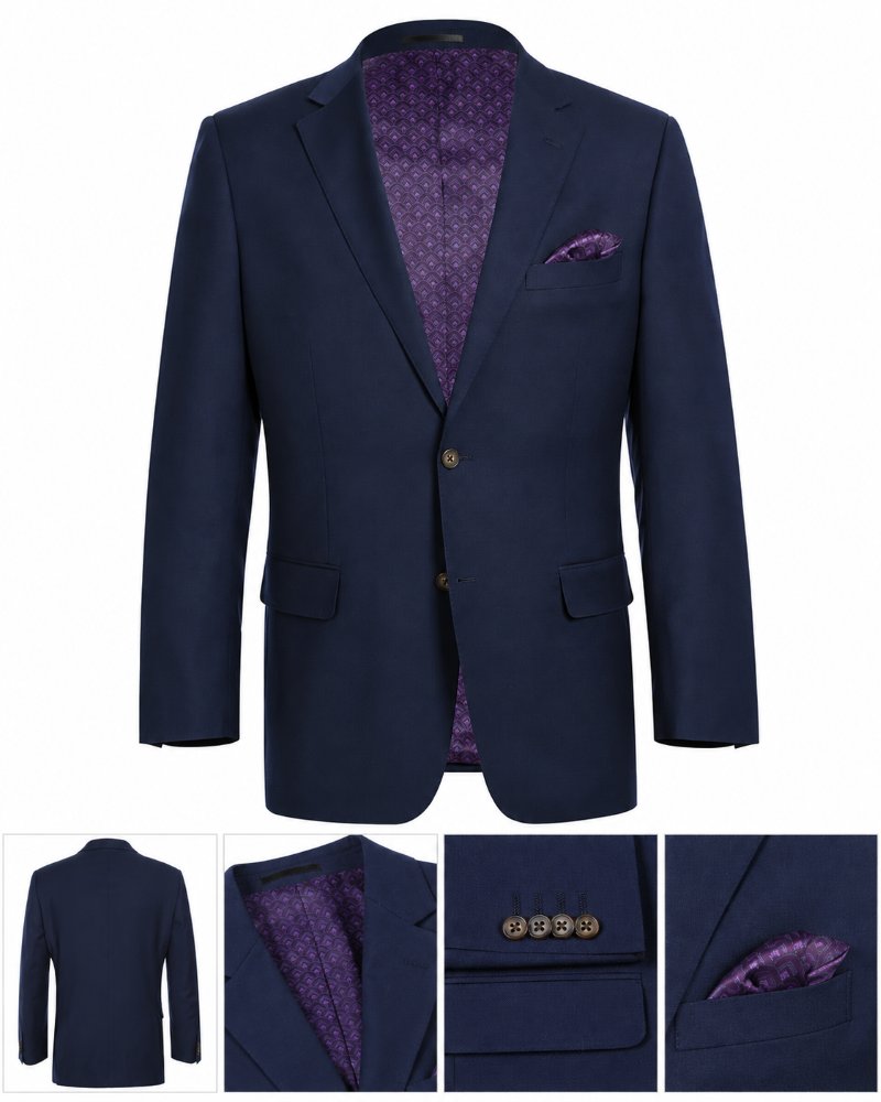 A navy blue suit jacket with a purple patterned lining and matching pocket square, shown on a white background with four detail inset images along the bottom showing the back, lapel, buttons, and pocket square close-up.