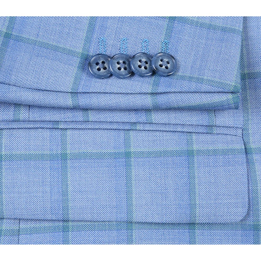Men's Blue Classic Fit 100% Wool Plaid Blazer with a white dress shirt.