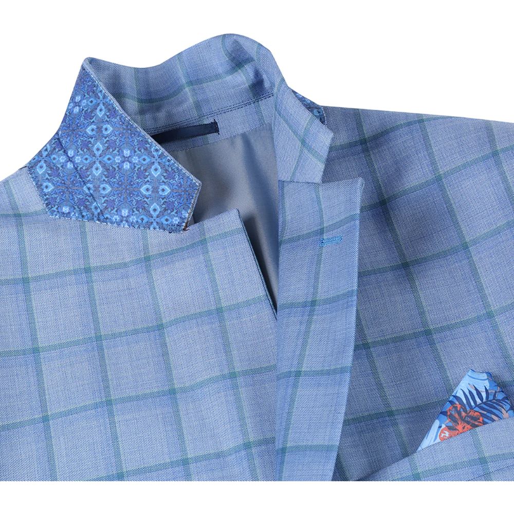 Men's Blue Classic Fit 100% Wool Plaid Blazer with a visible dress shirt.