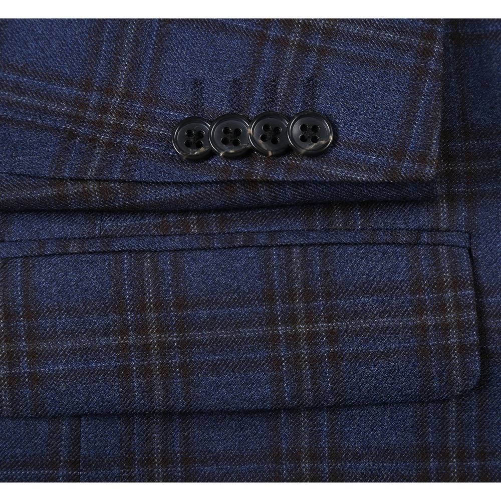 Detail shot of Renoir men's premium 100% wool navy plaid sports coat, highlighting texture, lapel, and buttons.