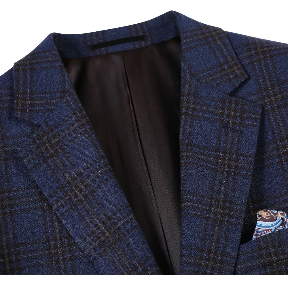 Renoir men's 100% wool regular fit 2-button navy plaid sports coat, front view.
