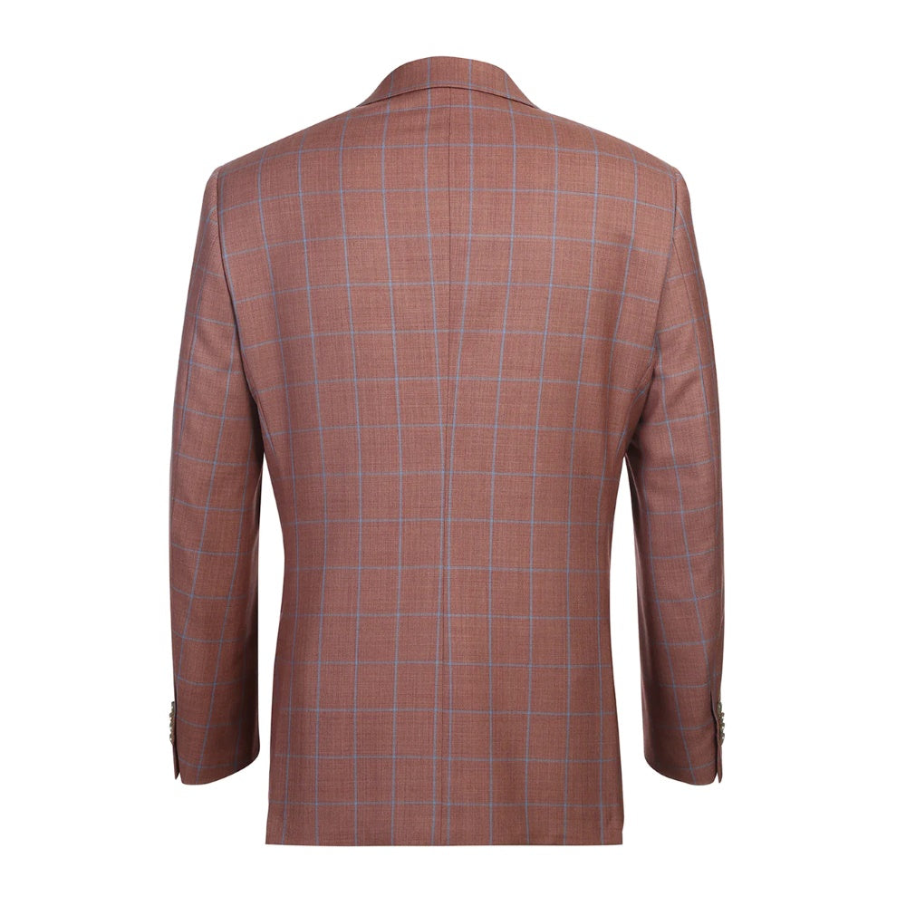 Renoir men's classic fit brown wool plaid blazer. Close-up highlights its luxurious texture and sophisticated pattern.