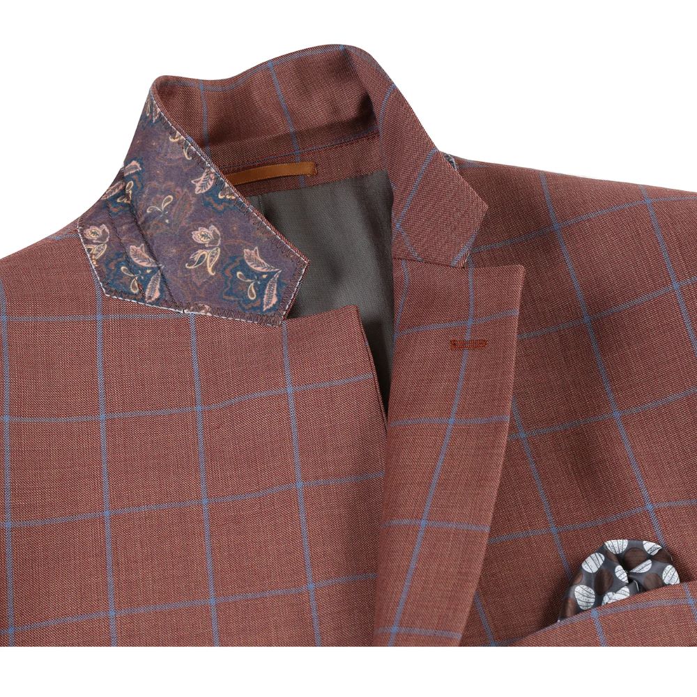 Close-up: Renoir men's classic brown wool plaid blazer fabric, exuding timeless sophistication and rich texture.