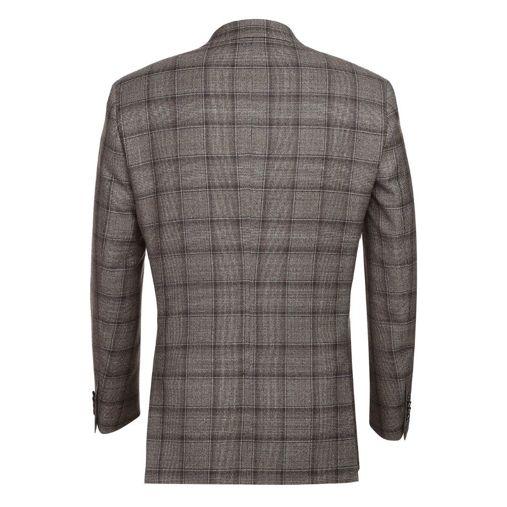 Detail of Renoir men's brown wool blend double-breasted slim fit suit jacket: lapel, buttons & texture.