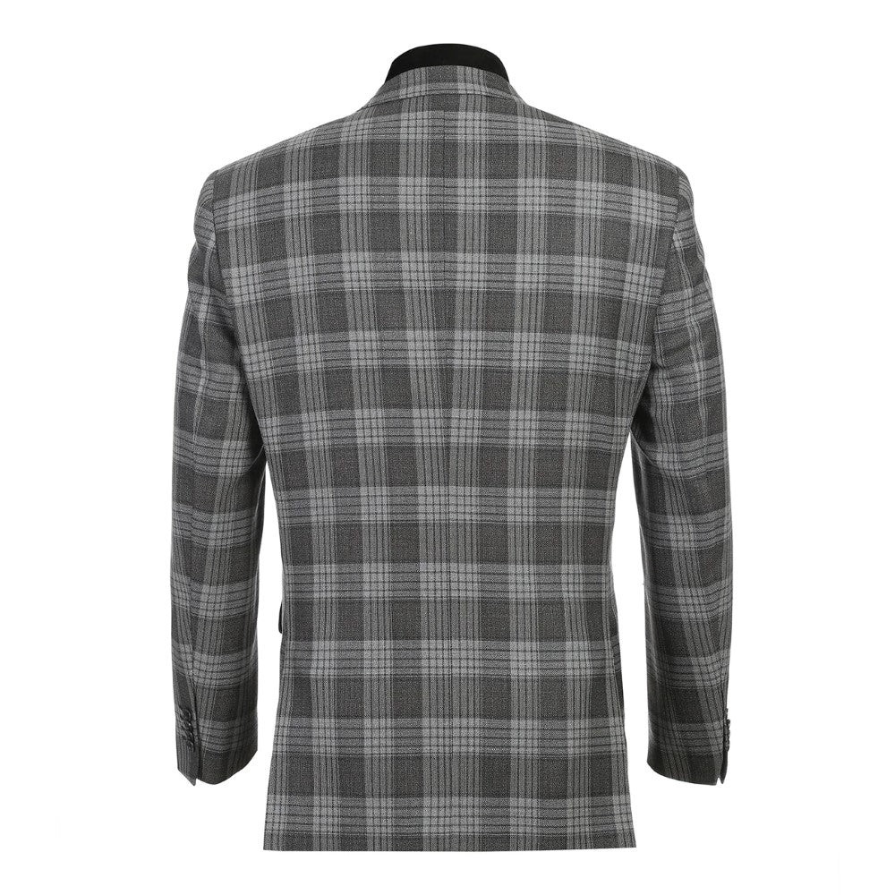 Men's Slim Fit Gray Wool Blazer with Bib featuring a plaid pattern on a white background.