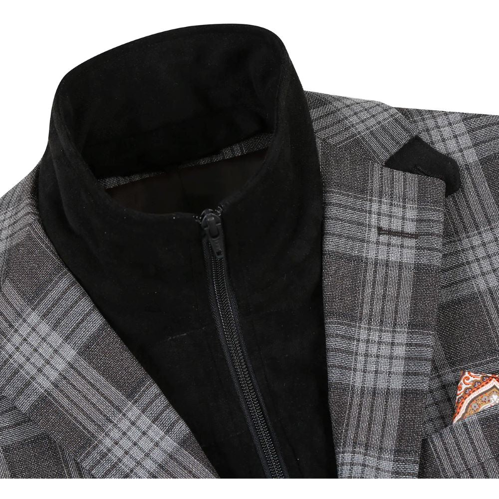 Renoir Men's Slim Fit Gray Wool Blazer with Bib, featuring a plaid pattern, collar, buttons, and pockets.