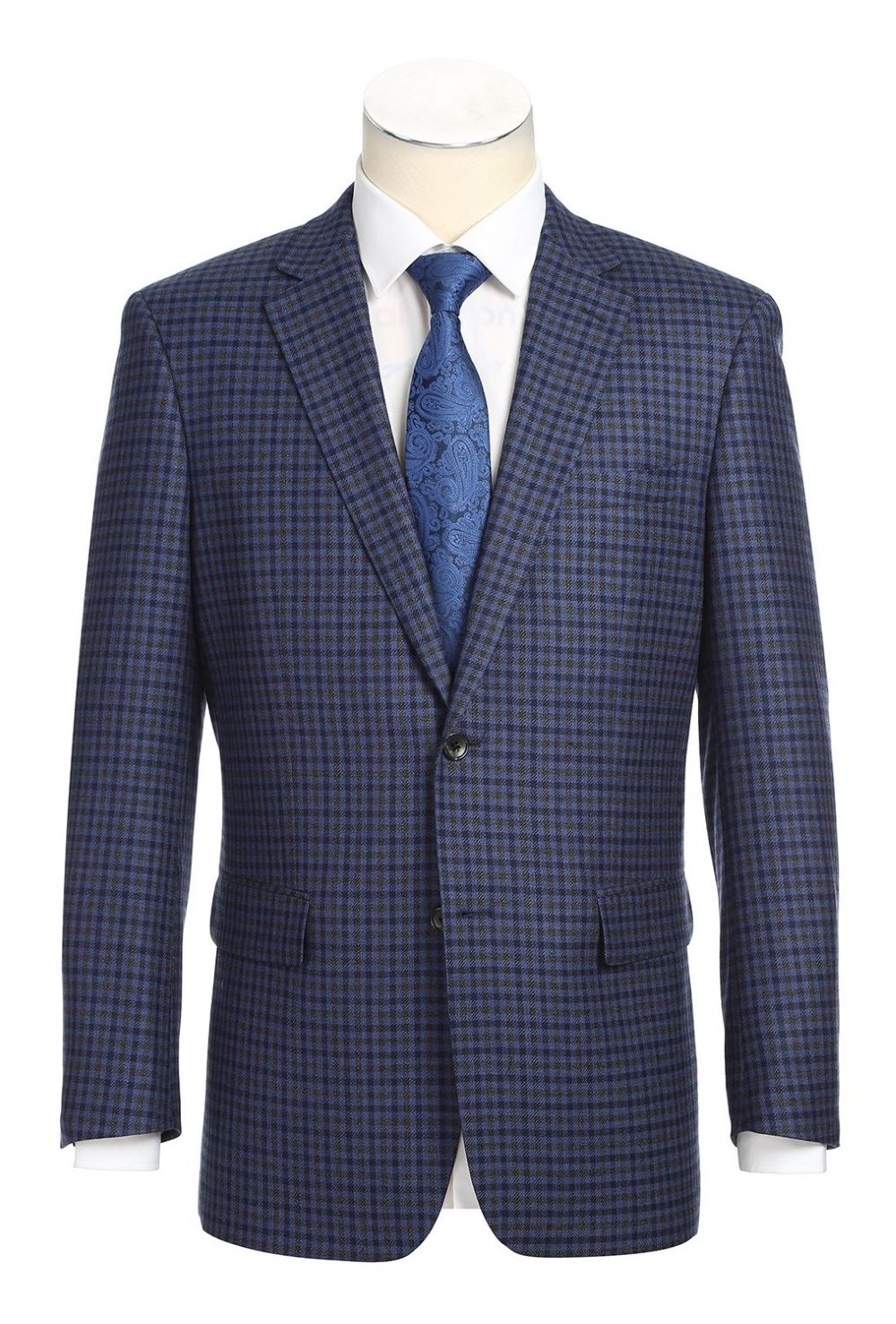 Wool Blend Regular Fit 2 Button Mini Check Pattern Sports Coat In Blue