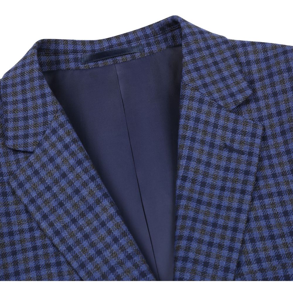 Premium Renoir men's blue wool blend regular fit mini check sports coat. Detail shot highlighting fine craftsmanship.