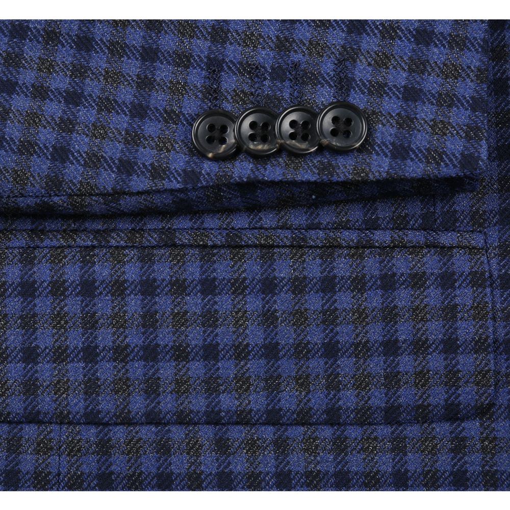 Close-up: Renoir dark blue wool blend mini check pattern sports coat fabric, showcasing fine texture.