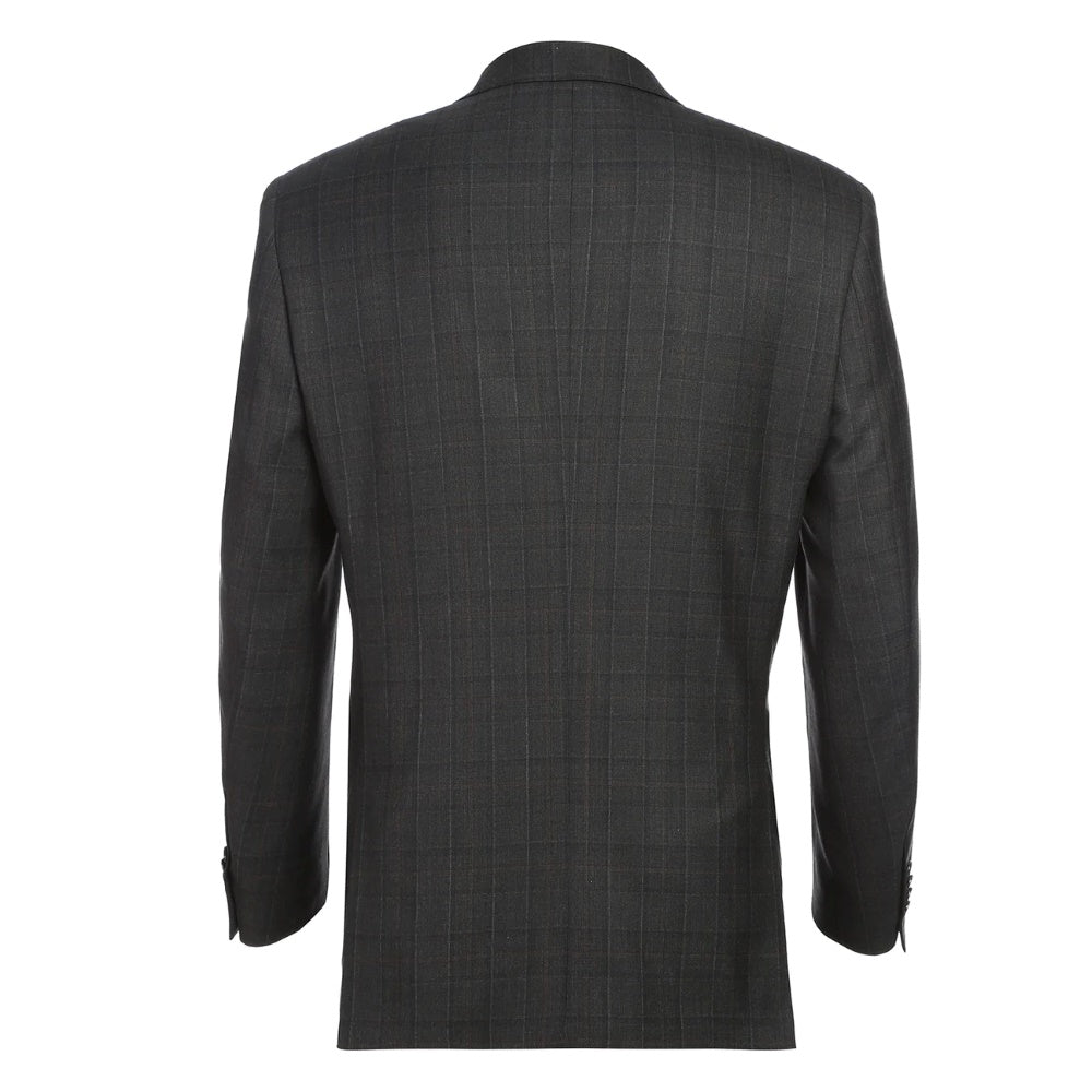 Black Regular Fit Wool Blend Windowpane 2 Piece Suit jacket showing tie, collar, button, pocket on white background.