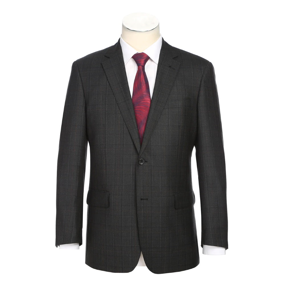Mens Modern Fit 2 Button 100% Wool Windowpane Suit in Grey