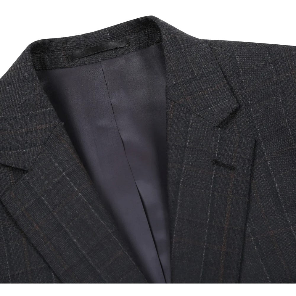 Black Regular Fit Wool Blend Windowpane 2 Piece Suit jacket showing windowpane pattern, collar, buttons, and pocket.