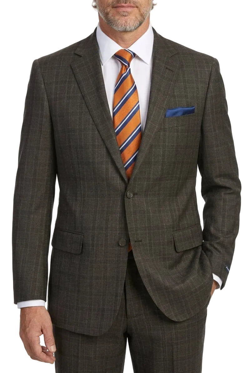 Men's Regular Fit 2-Piece Windowpane Wool Blend Suit - Light Brown