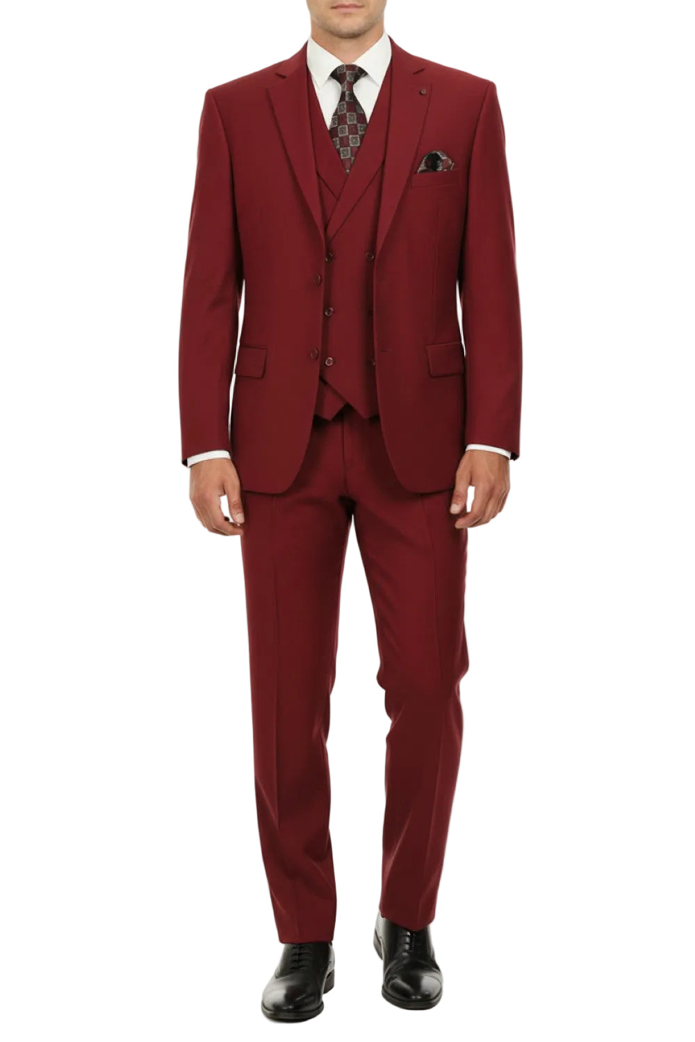 Burgundy suit with a white shirt and patterned tie on a white background