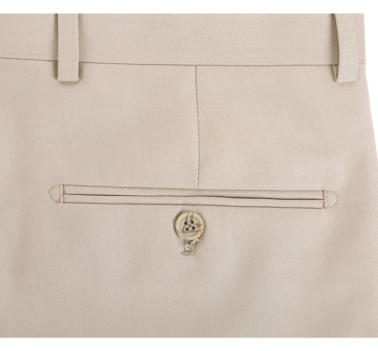 Close-up of a solid beige button on the Renoir Dress Pants Regular Leg Un-Hemmed Bottoms.