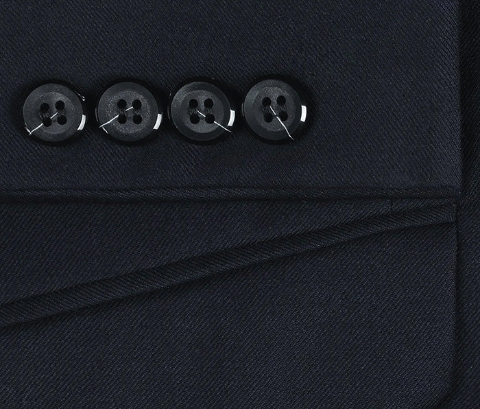 Solid Navy 100% Virgin Wool Regular Fit Pick Stitched 2 Piece Suit jacket, showing collar, buttons, pockets.
