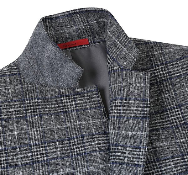 Close-up of the Renoir Classic Regular Fit Blazer in gray windowpane pattern, showing the collar and pocket.