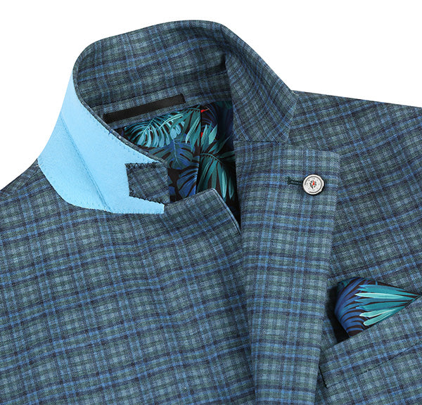 Blazer de corte slim de media lona a cuadros verdes y azules