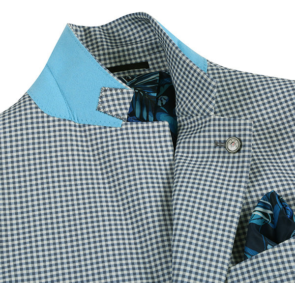 Blazer coupe slim en demi-toile à carreaux bleu sauge