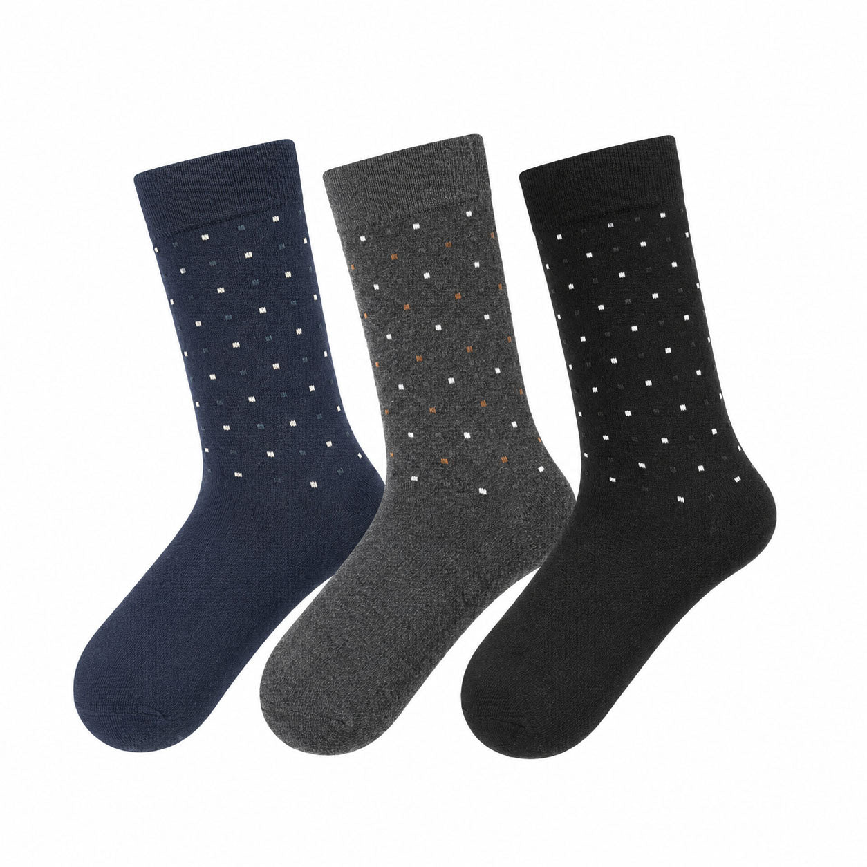 Three pairs of polka dot socks in navy, gray, and black on a white background