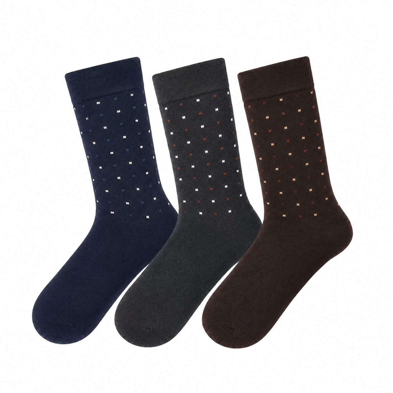Three pairs of patterned socks in navy, gray, and brown on a white background