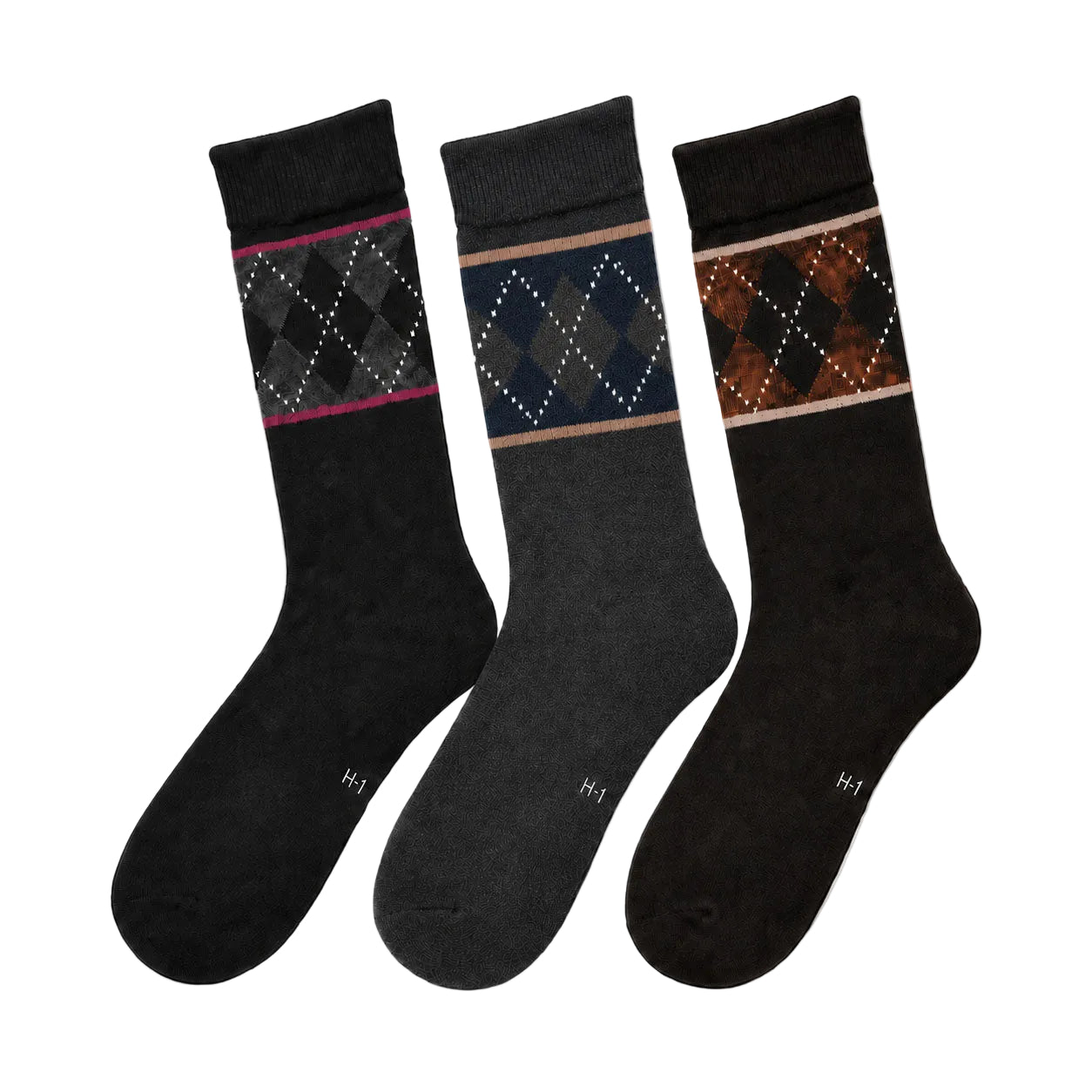 Men's 3 Pack Classic Argyle Stripe Crew Socks - Black/Gray/Brown