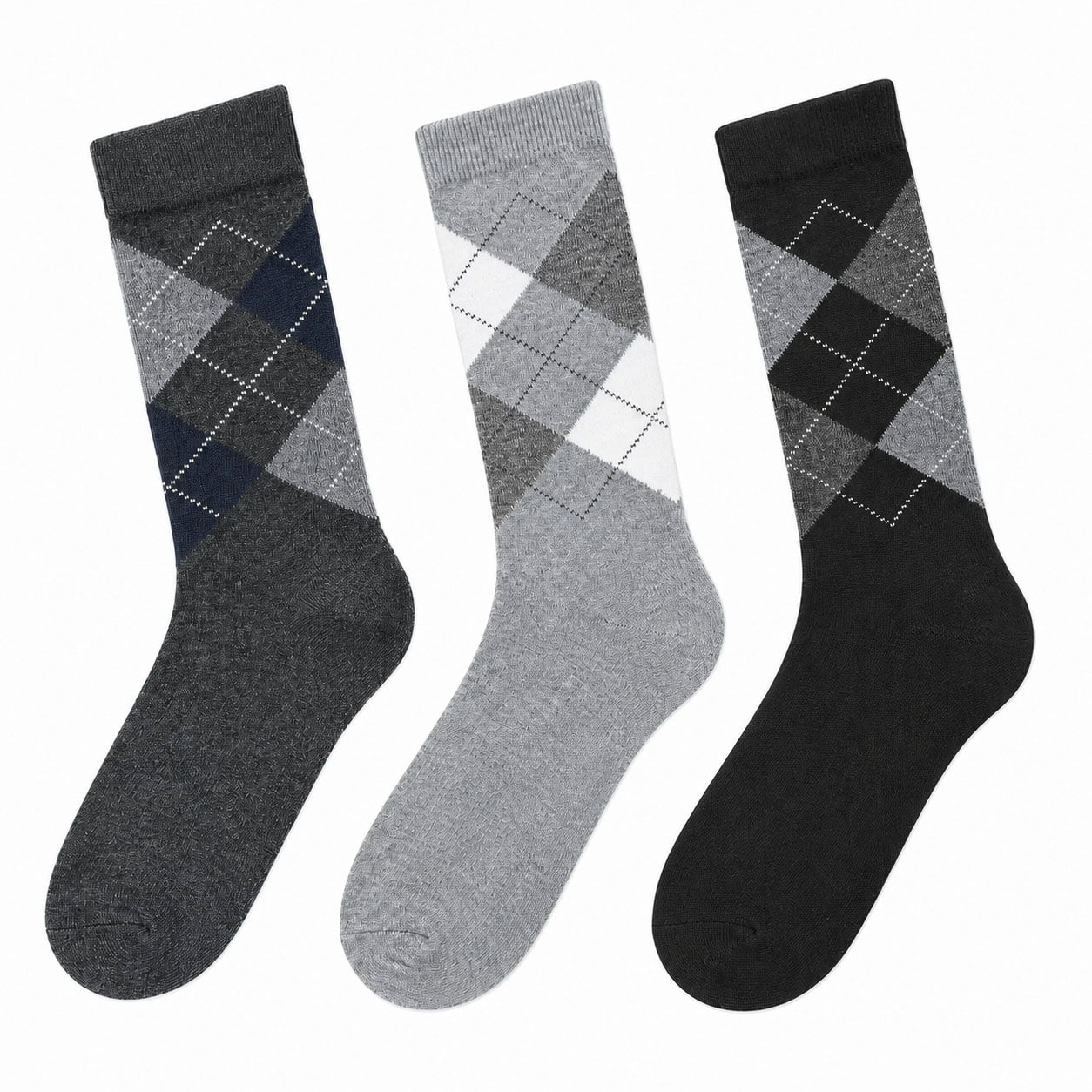 Three pairs of argyle pattern socks in black, gray, and white on a white background.
