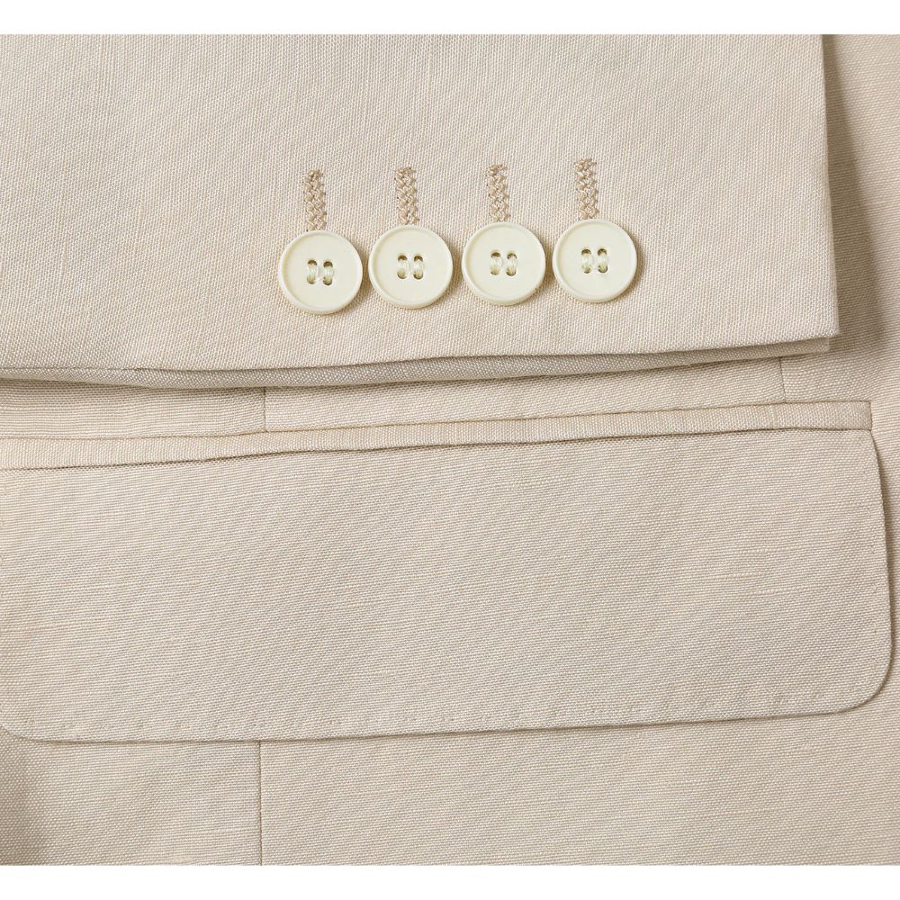 Detail shot of Renoir men's premium tan slim fit linen suit, highlighting the luxurious fabric and expert craftsmanship.