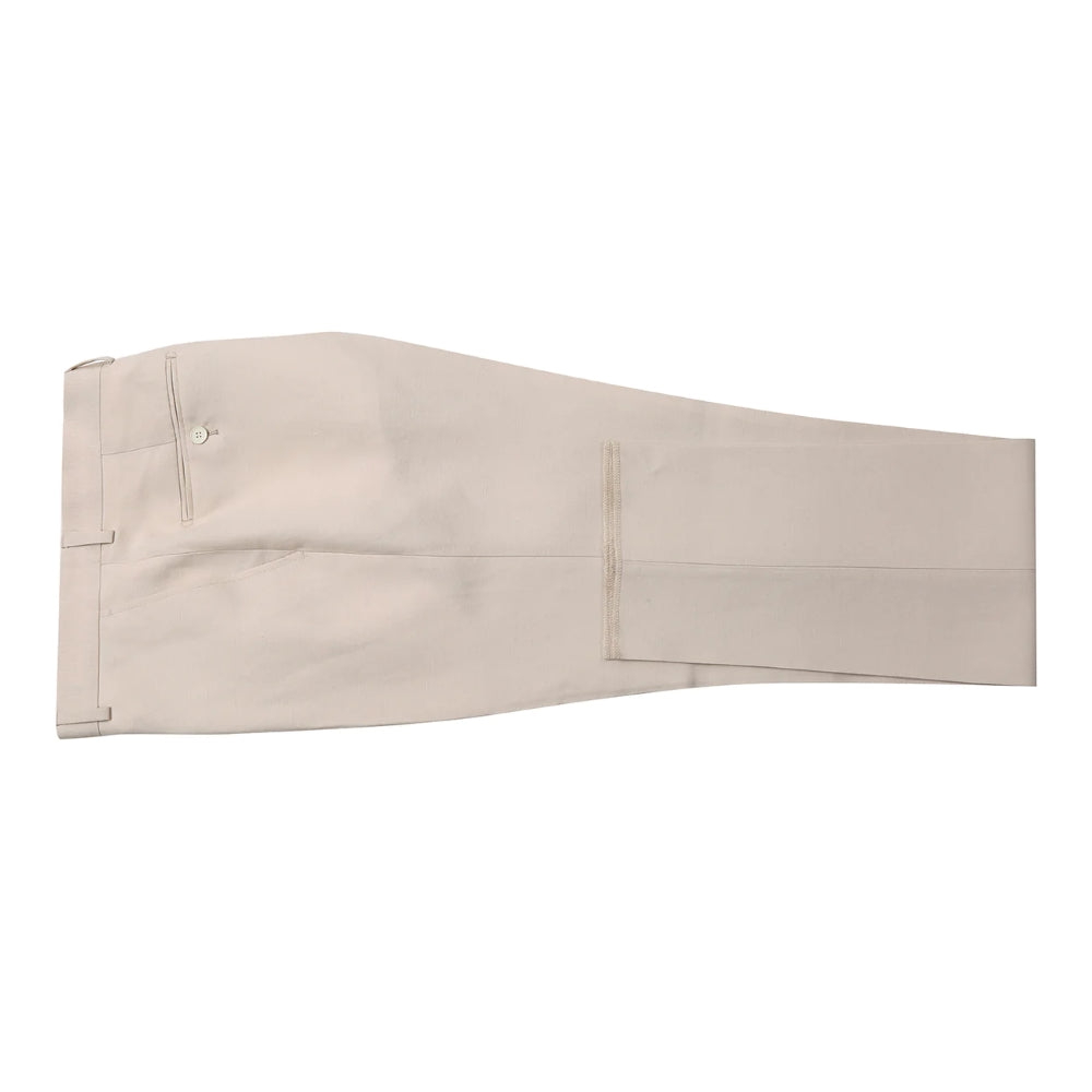 Solid Men's Tan 2-Piece Slim Fit Linen Suit jacket, displayed on a mannequin, showing the lapels and front closure.