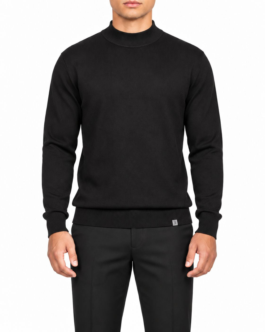 Black men's regular-fit mock-knit long-sleeve sweater, front view