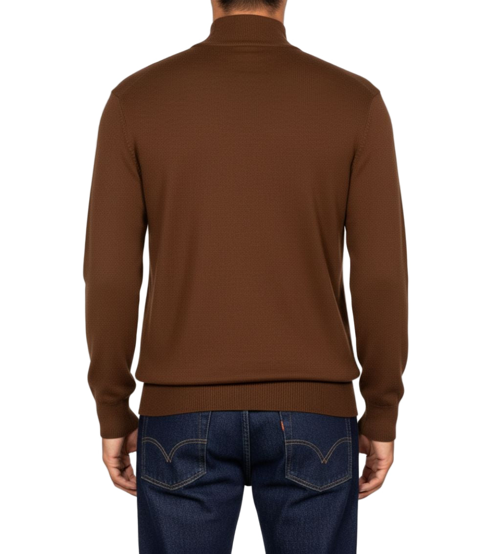 Close-up of the solid brown sleeve of the Stacy Adams Men’s Mock Knit Brown Sweater, showing a pocket.